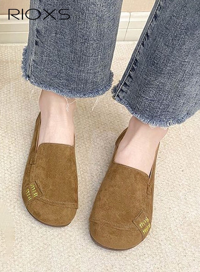 ريوكس حذاء نسائي مريح بدون أربطة، حذاء مسطح كاجوال من الجلد المدبوغ برقبة مستديرة، حذاء منخفض برقبة سميكة ونعل مطاطي، تصميم بسيط متعدد الطبقات بلون موحد، قطعة أساسية متعددة الاستخدامات، مريح للارتداء اليومي، كاكي - Image 4